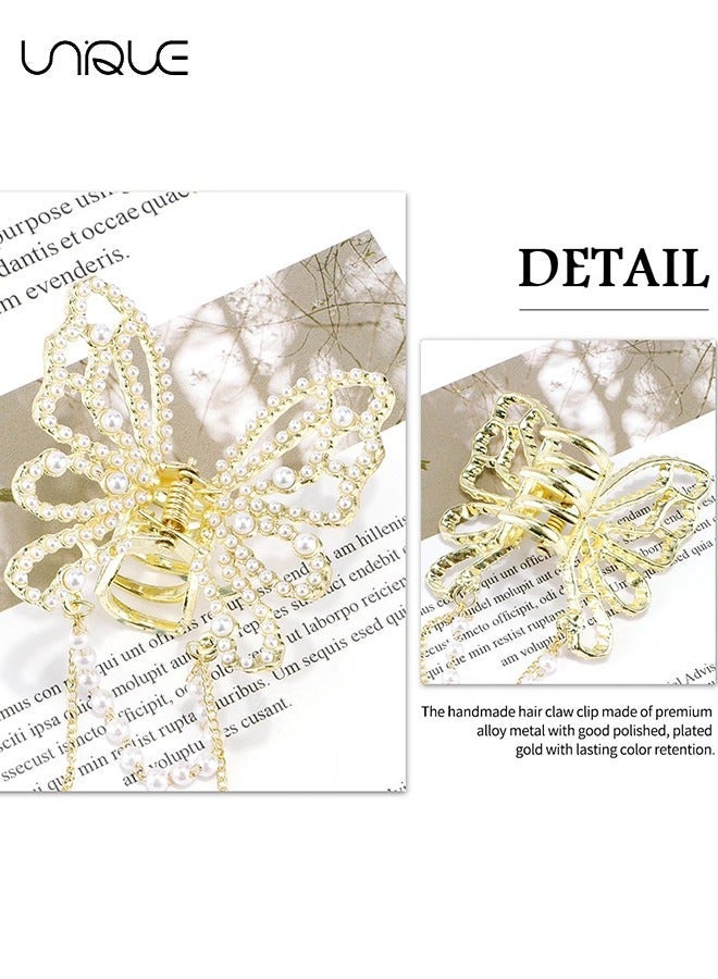 Unique 2Pcs Butterfly Clips for Hair, Butterfly Hair Claw Clips with Charms, Metal Fancy Hair Clips Hair Tassel Pearl Butterfly Hair Styling Accessories for Women Girls (Hollow Pearl butterfly) - Image 3
